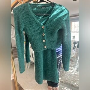 Art Class Girls Teal Green Fuzzy Knit Dress & Cardigan Set Size 8 Medium